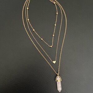 Gold Layered Necklace with Rose Quartz Pendant